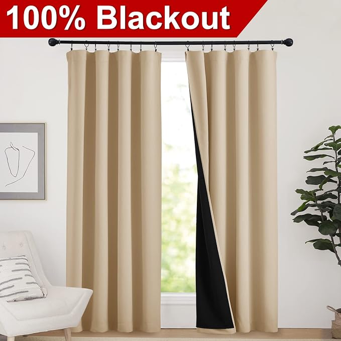 NICETOWN Living Room Completely Shaded Draperies, Privacy Protection & Noise Reducing Drapes, Black Lined Rod Pocket Window Treatment Curtain Panels(Biscotti Beige, 2 Pieces, W52 x L84)