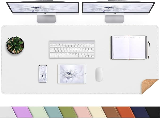 AFIING Leather Desk Pad Protector, Large Desk Mat with Natural Cork & PU Leather, Mouse Pad, Non-Slip, Waterproof Desk Writing Pad for Office and Home (White)