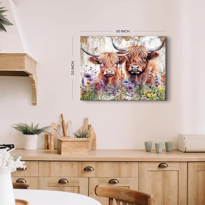 Cute Highland Cow Wall Art Rustic Cows Picture Wall Decor Nursery Room Decor Farmhouse Scottish Cow Wildflower Painting Western Country Cattle Poster Artwork for Bathroom Living Room Decoration 20x30"