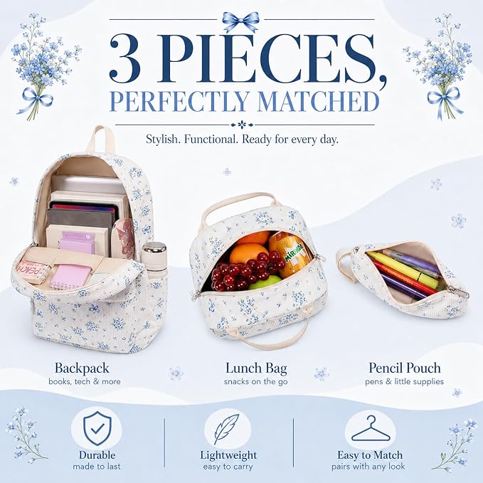 Bluboon School Backpack Set Girls Womens Laptop Bookbag Casual Daypack Fits 15 inch Laptop with Lunch Tote Bag and Pencil Bag