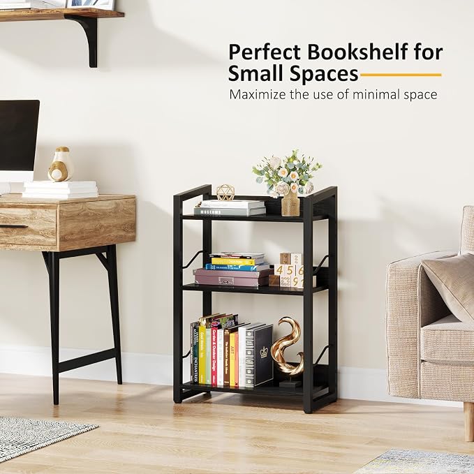 Hosfais 3-Tier Small Bookshelf with Edge Protection | Wood Book Shelf Industrial Bookshelf Metal Narrow Bookcase Storage Organizer Display Rack for Bedroom Home Office (Black)