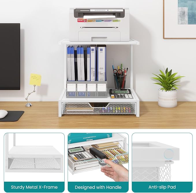 ELITEROO Printer Stand for Desk with Storage Drawer, 2 Tier Desk Shelf | Wood Desktop Organizer for Home Office, Fits 3D Printer, Scanner, Fax Machine, Books, White