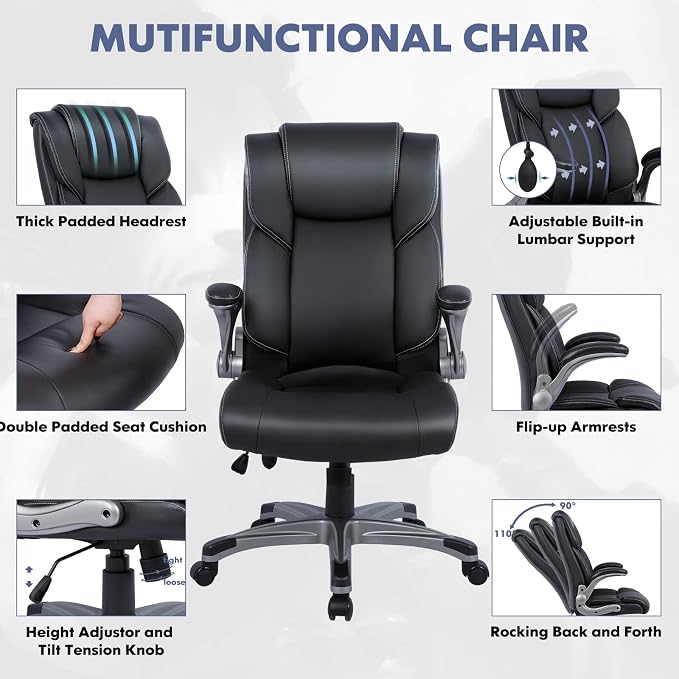 COLAMY High Back Executive Office Chair - Padded Leather Ergonomic Computer Desk Chair with Inflatable Lumbar Support & Flip-Up Arms, Adjustable Tilt Lock Swivel Task Chair for Home Office, Black