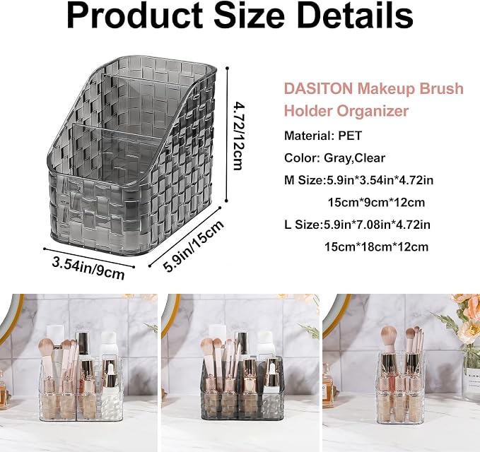 DASITON Makeup Brush Holder Organizer, 3 Slots Acrylic Makeup Brushes Storage Cup, Woven Texture Make Up Brush Holder for Vanity Bathroom Office, Pen Holder for Desk, Cosmetic Display Cases (Grey M)