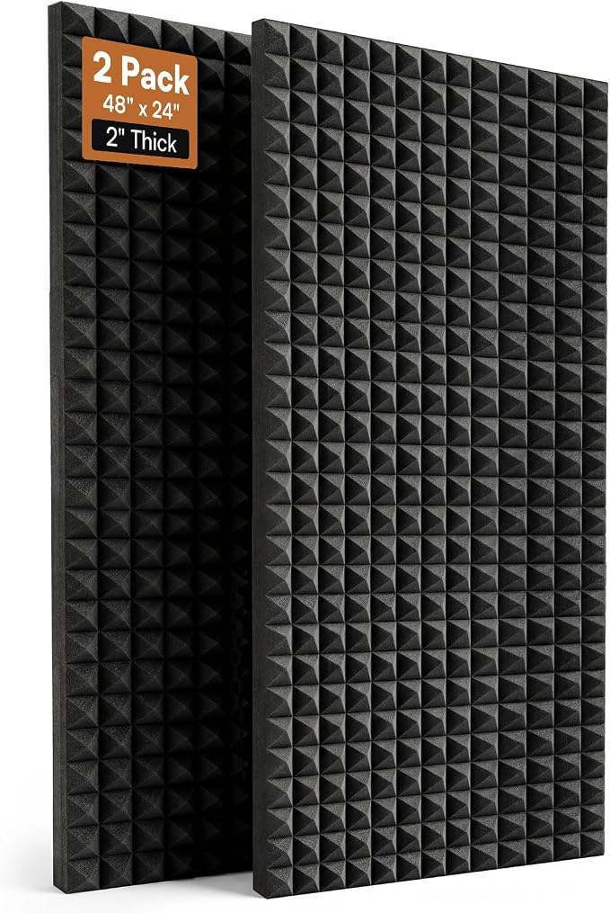 SODOCT 2 Pack Large Pyramid Acoustic Foam Panels, 48 x 24 x 2 Inches High Density Sound Proof Foam for Walls, Professional Sound Absorbing Studio Panels for Home Theater, Recording (Black)