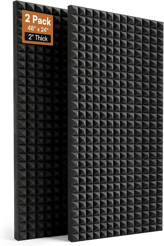SODOCT 2 Pack Large Pyramid Acoustic Foam Panels, 48 x 24 x 2 Inches High Density Sound Proof Foam for Walls, Professional Sound Absorbing Studio Panels for Home Theater, Recording (Black)