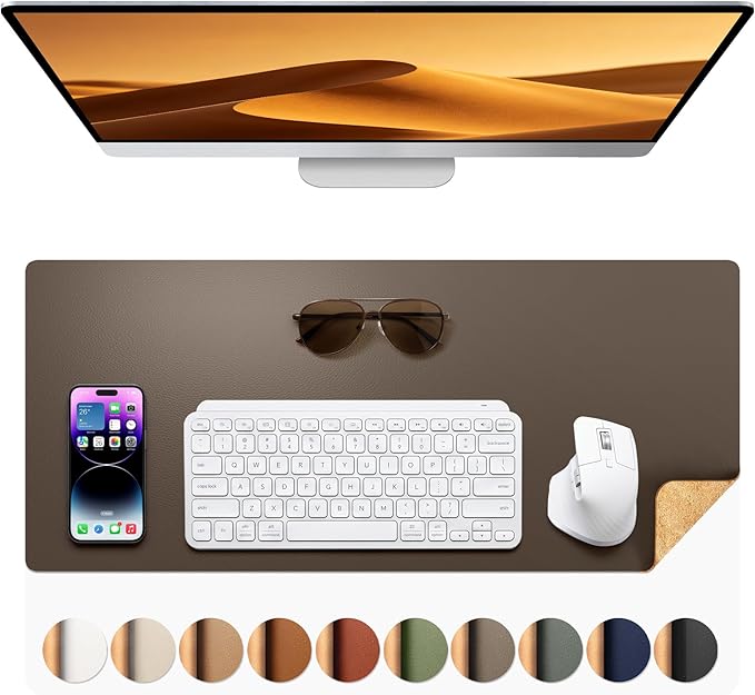 Aothia Dual-Sided Desk Mat - Leather & Cork Desk Protector, Large Mouse Pad & Writing Pad for Office/Home, Coffee (25.6"x13.7")