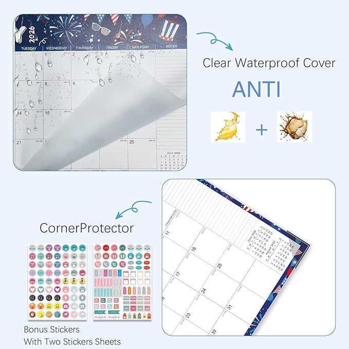 Desk Calendar 2026-2027 - 22" x 17", 18 Month Desk Calendar july 2026-2027 Dec, Large Monthly Desktop Calendar with Plastic Cover, Thick Paper, Corner Protectors - Colorful(2 Stickers Included)