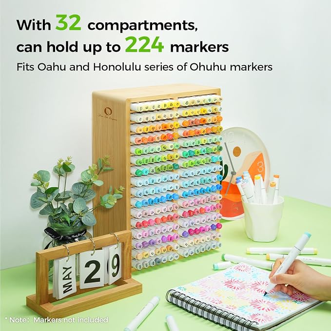 Ohuhu Bamboo Marker Organizer, Desktop Storage Hold 224 Markers for Honolulu Oahu Series of Ohuhu Markers, Pens Pencils Stationary Organizer Holder with 32 Compartments for Classroom Office Decor