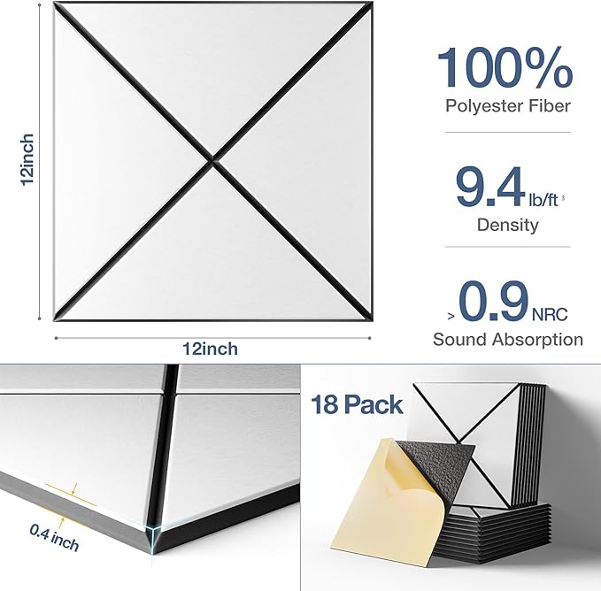 18 Pack Self-Adhesive Acoustic Panels, 12" X 12" X 0.4" X-Line Sound Proof Foam Panels for Walls, High-Density Soundproof Wall Panels for Home & Office (White on Black)