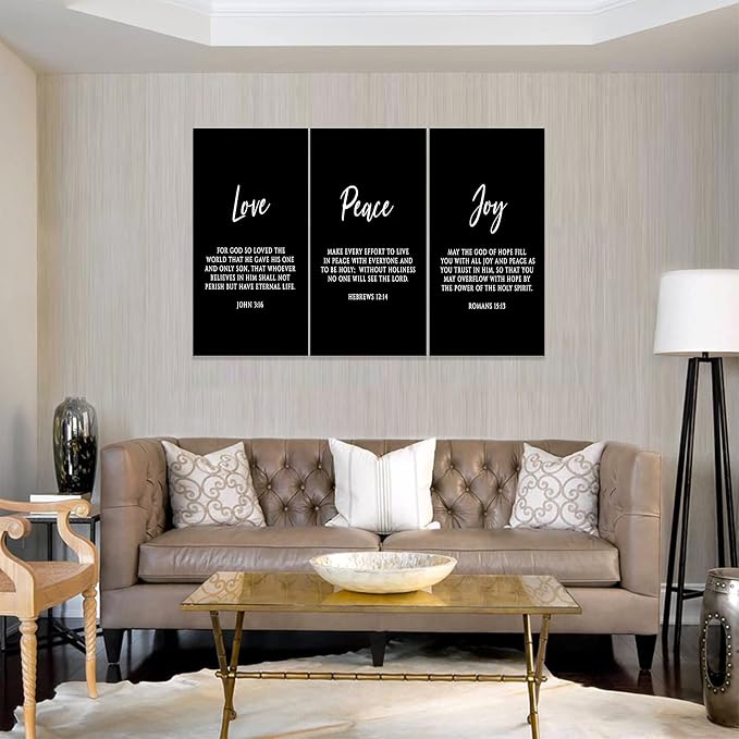 3 Piece Inspirational Wall Art, Black Sayings Prints Picture, Quotes "Love Peace Joy" Motivational Canvas Art for Religious Decor Gifts, Stretched And Framed Artwork for Home Wall Decor (72"Wx36" H)