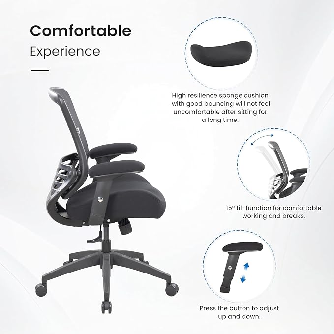 BOLISS Office Chair Mesh Ergonomic Super Soft Thick and Wide Cushion Computer Desk Chair Height Adjustable Arms and Lumbar Support Reduce Back Pain (Black)
