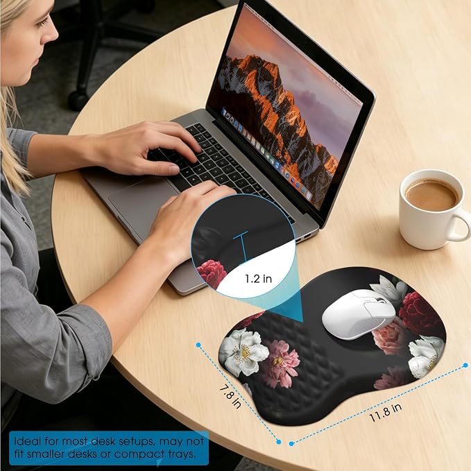 MROCO Ergonomic Mouse Pad with Wrist Support, 11.8 x 7.8 in, Black Flower | Memory Foam Wrist Rest Mouse Pad, Non-Slip Base, Smooth Lycra Surface for Office & Home, Comfortable Wrist Support