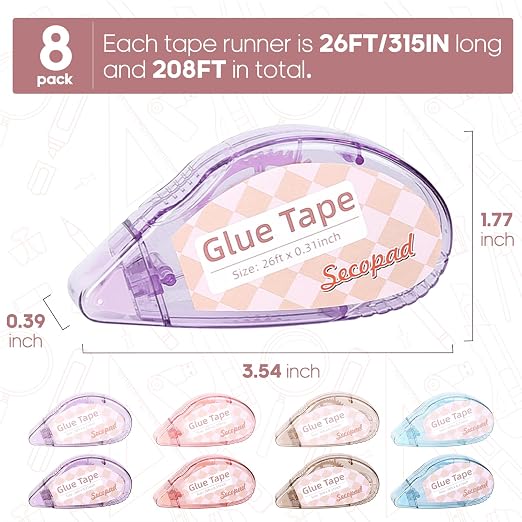 Secopad Scrapbook Tape, 8 Pack Double Sided Tape Roller for Crafts, Adhesive Glue Runner Scrapbooking Supplies Journaling School Office Teacher Supplies, 0.3IN x 26FT, Clear Light-Colored Shell