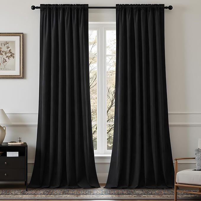 108 Inch Extra Long Blackout Velvet Curtains for Bedroom Living Room, Thermal Insulated Room Darkening Curtain Super Soft Luxury Window Drapes, Back Tab & Rod Pocket, W52 x L108, Black, 2 Panels