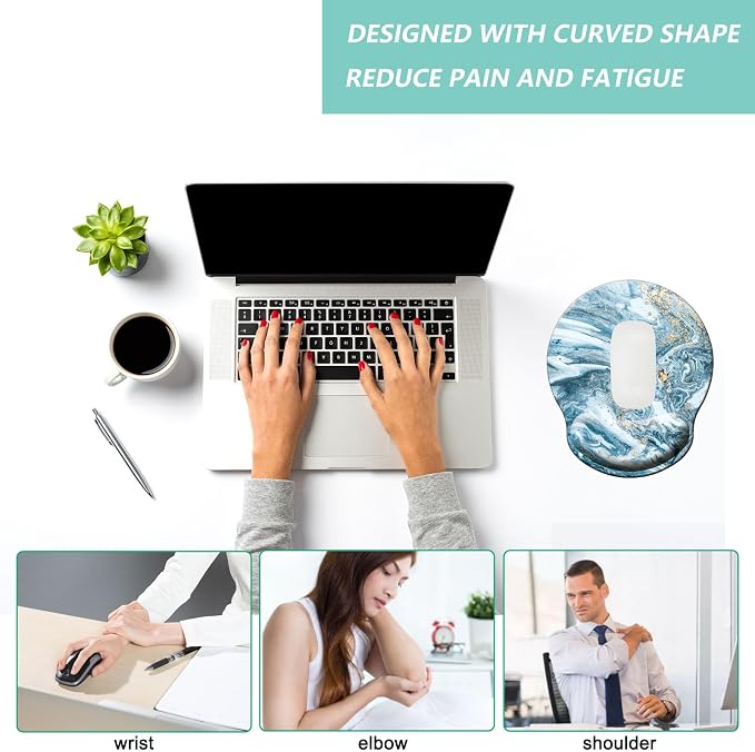 Mouse Pad with Wrist Support, Ergonomic Mouse Pad with Memory Foam Wrist Rest Cushion, Non-Slip Rubber Base Gaming Mice Pad for Home Office Computer Laptop, Blue Marble