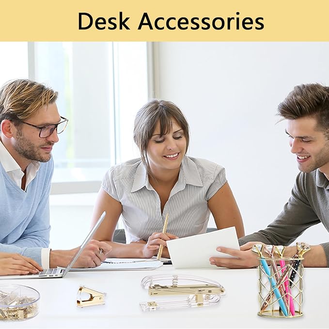 suniya Office Supplies,Gold Desk Accessories,with Stapler,Tape Dispenser,Pen Holder,Scissors,Phone Stand,Staple Remover,Ballpoint Pen,Clear Tape, Staples,Ruler,Clips,Best Gift for Business or Boss