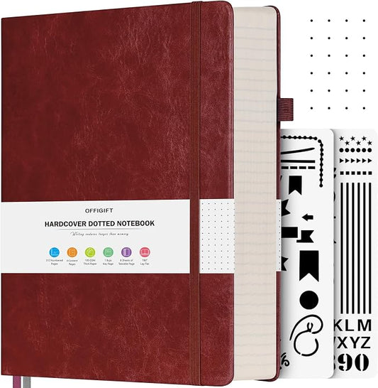 Dotted Journal Notebook, 312 Numbered Pages Large B5 Hardcover Leather Notebook, 100gsm No Bleed Paper Dot Grid Notebook with Index Pages, Dot Journal for Women Men, 7.6'' X 10'', Burgundy