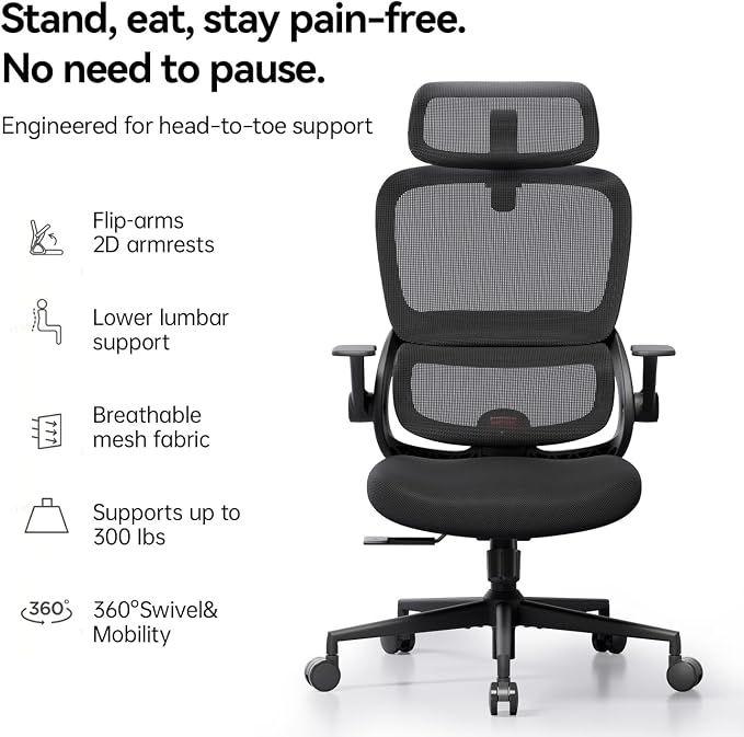 SIHOO B100 SE Office Chair, Desk Chair with Adaptive Lumbar Support & 2D Flip-up Armrests, 135° tilt Soft Memory Foam Erogonomic Chair for Home Office,Hold 300 LBS, 2 Packs, Jet Black