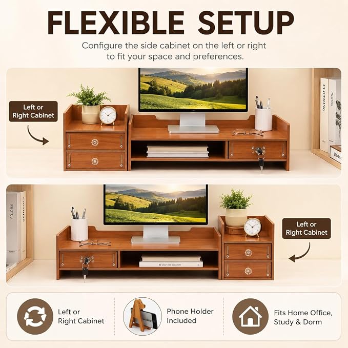 Wood Monitor Stand with Drawer - Tabletop Computer Rack Multi Compartment Home Desk Organizer w/3 Storage Drawers for Office Home Study