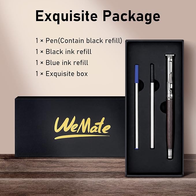 WEMATE Wood Rollerball Pen Set, Extra 2 Ink Refills(1 Black & 1 Blue), Fancy Writing Pen Nice Luxury Office Gift for Men, Professional, Executive, Cool Wooden Pen for Journaling - Black Oak