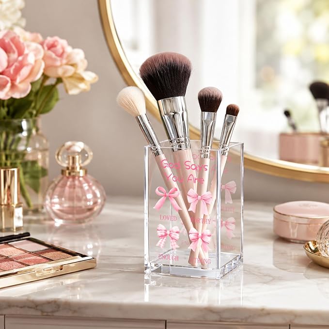 Pink Bow Acrylic Pen Holder Cup, Coquette Christian Desk Decor, Inspirational Bible Verse Pencil Holder, Cute Office Desk Organizer, Gift for Women Girls