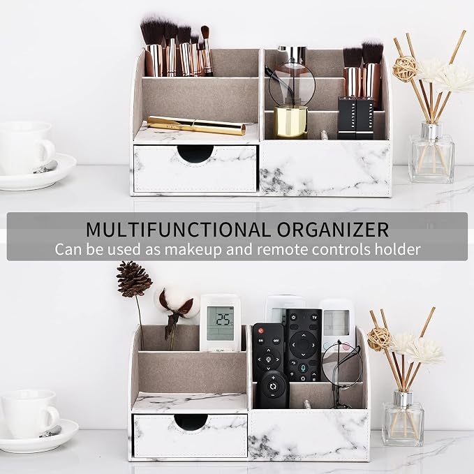 Pu Leather Desk Organizer Pen Pencil Holder Office Supplies Caddy Storage Box 6 Compartments with Drawer Gray Marble