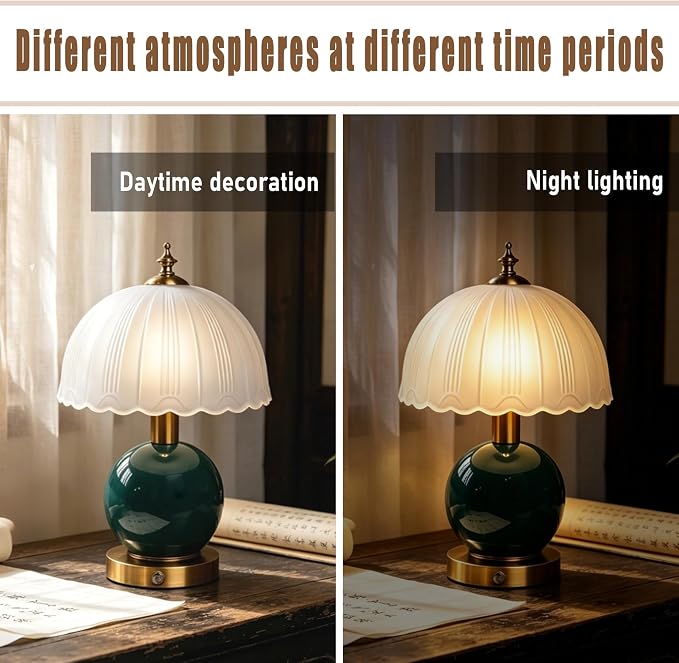 Living Room Vintage Ceramic lamp,12 inch Modern Rechargeable Touch Light, Stepless Light Adjustment Desk Lamp, Classic Chinese Style Emerald Green