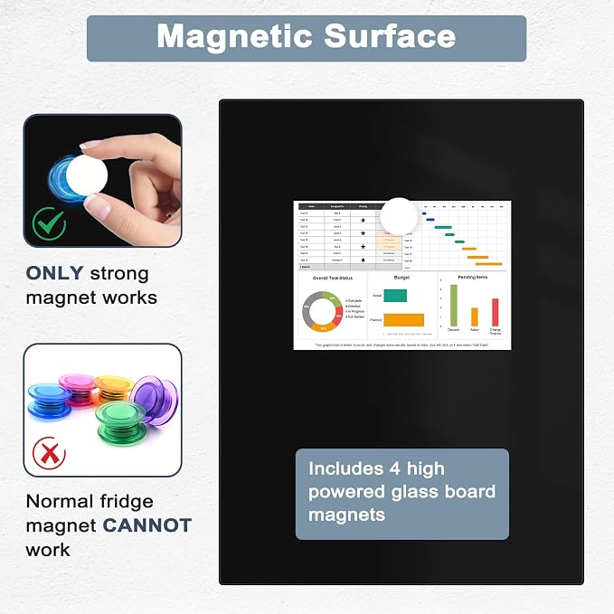 Magnetic Glass Whiteboard, 16" x 12", Frameless Wall Mount, Black | Glass Dry Erase Board for Wall, Includes 1 Marker Tray and 4 Magnets, White Board for Office, Home, Classroom