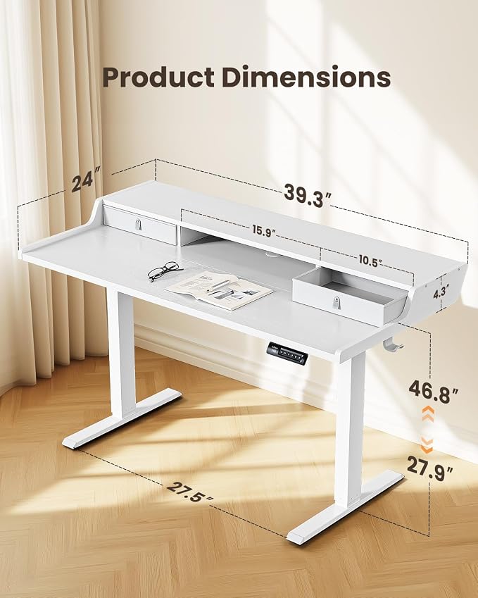 ErGear Electric Standing Desk with Drawers, 40″ x 24″ Small Gaming Table Compatible Monitor Stand, Stand up Desks, Home Office Height-Adjustable Desk with Storage Shelf, 4 Preset Heights, White