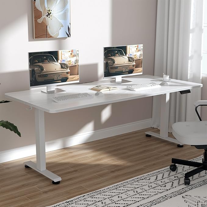 Veken 63x23.6 Inch Large Electric Standing Desk, Heights Adjustable,Sit to Stand Up, Work Home Office Computer Table for Walking Pad, Wooden Desktop Desks, White