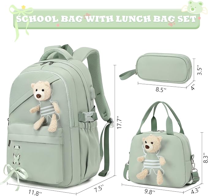 ACESAK School Backpack for Girls - 3 PCS Cute Girls Backpack with Lunch Box & Pencil Case - Kawaii Casual Kids Bookbag School Bag Daypacks Set for Elementary Middle High School Student Teens (Green)