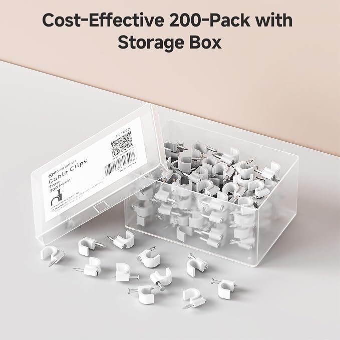 Cable Matters 200-Pack Nail-in Cable Clips, Cord Organizer, 7mm / 0.27 in. | For Cables Up to 7mm OD, Integrated Nails, Storage Container Included, Wall Clips for Baseboards and Wood Trim