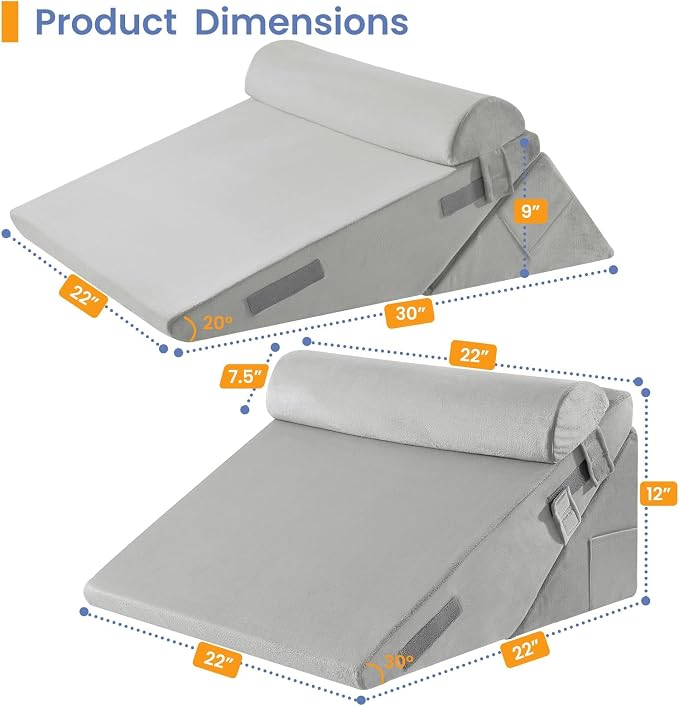 Sasttie Adjustable Wedge Pillow Set for After Surgery, Velvet - Light Grey | Bed Wedge Pillow Headboard with Memory Foam Neck Cushion, for Acid Reflux, Sleeping, Neck & Back Support
