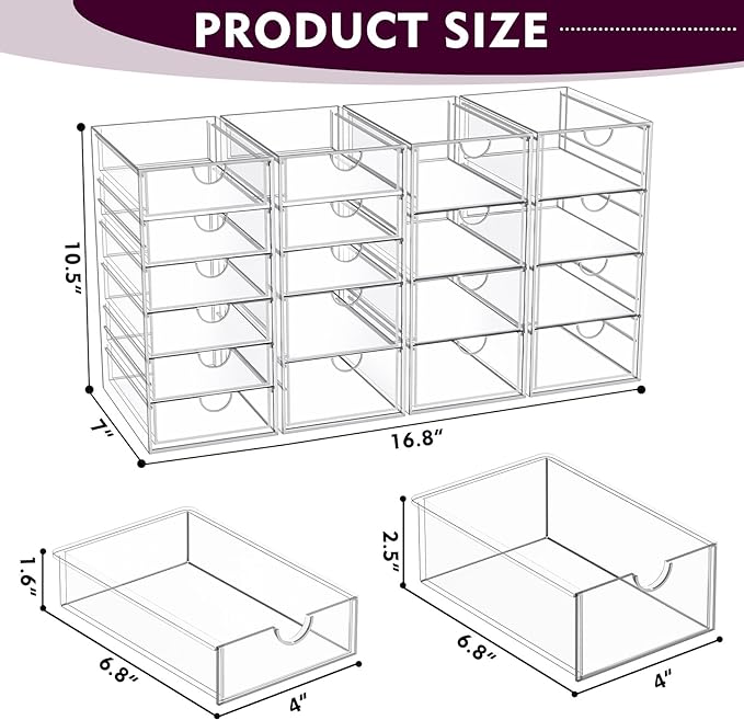 YFXCVSL Acrylic Makeup Organizer with 19 Drawers, 4 Pack Clear Storage Drawers, Bathroom Makeup Organizer for Palettes, Cosmetic, and Beauty Supplies,Ideal for Vanity, Cabinet,Desk Organization