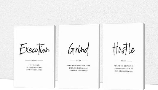 Office Wall Art - 3 Panel Motivational Wall Art, Inspirational Quotes Canvas Art for Home Office Wall Decor, Positive Quotes Wall Decor, Entrepreneur Grind Hustle Execution Poster Frame (16”x24”x3Pcs)