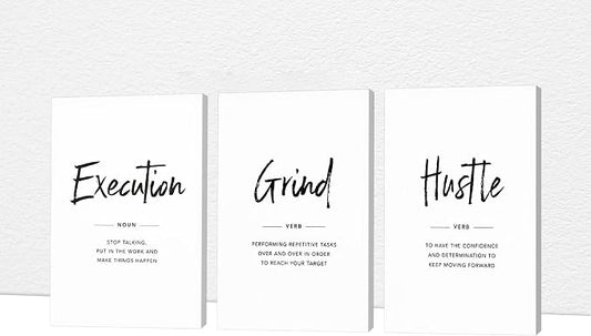 Office Wall Art - 3 Panel Motivational Wall Art, Inspirational Quotes Canvas Art for Home Office Wall Decor, Positive Quotes Wall Decor, Entrepreneur Grind Hustle Execution Poster Frame (20”x30”x3Pcs)