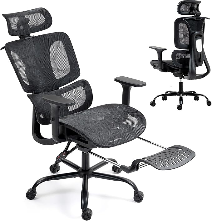 Black Ergonomic High Back Mesh Office Chair with Footrest | Adjustable Lumbar Support, 3D Armrests, Headrest, 135° Reclining, Swivel, Home Office