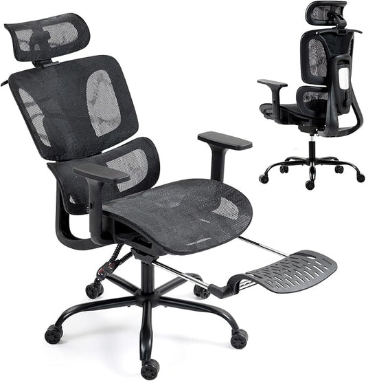 Black Ergonomic High Back Mesh Office Chair with Footrest | Adjustable Lumbar Support, 3D Armrests, Headrest, 135° Reclining, Swivel, Home Office