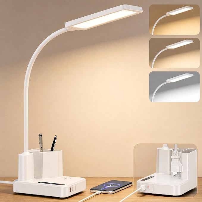 Desk Lamp, LED Desk Lamps for Home Office with 2 USB Charging Port/Outlet/Organizer,Desk Lamp for College Dorm Eye-Caring Study Light,Gooseneck Table Lamp with Pen Holders/Storage,9 Lighting Modes