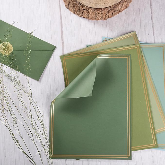50 Pack Colored Stationery Set, 5 Colors #10 Business Envelopes, 50 Sheets 8.5x11 Paper Sheet and Gold Stickers for Office, Letters, Invitations (Sage-Green)