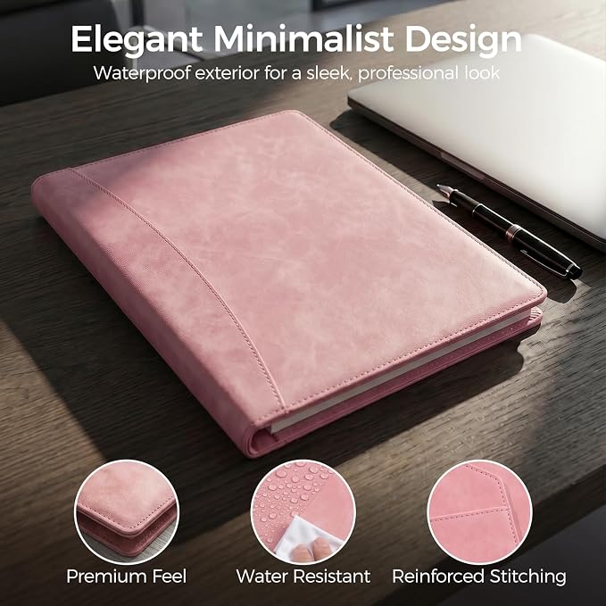 Koogel Padfolio Portfolio Folder, Leather Clipboard Portfolio Binder 13x10 inch Legal Writing Pad for Document Organizer Business Notepad Clip Boards for Women Office School Conference Meeting, Pink