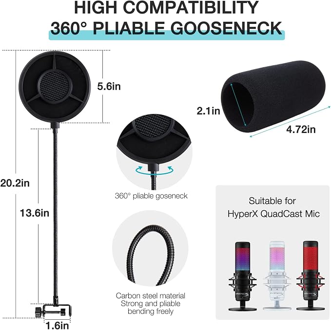 QuadCast Pop Filter Foam Windscreen - 5.5 Inch Diam 6 Layers Pop Filter for Mic Cover QuadCast Pop Screen Compatible with Hyperx QuadCast Microphone Professional Metal Pop Filter by YOUSHARES