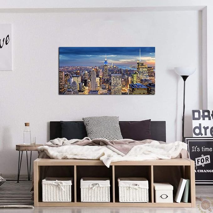 Large New York City Wall Art NYC Skyline Picture Office Wall Decor Modern Manhattan Cityscape Canvas Prints Night City Urban Skyscraper Panoramic Artwork for Bedroom Living Room Home Decoration 24x48"