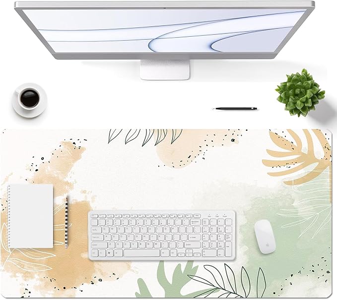 Large Mouse Pad, Desk Mat for Desktop, Dual Side PU Leather Waterproof Gaming Mousepad Desk Pad, Desk Protector Writing Pads Desk Accessories for Office and Home (E-Watercolor Plants, 31.5''X15.8'')
