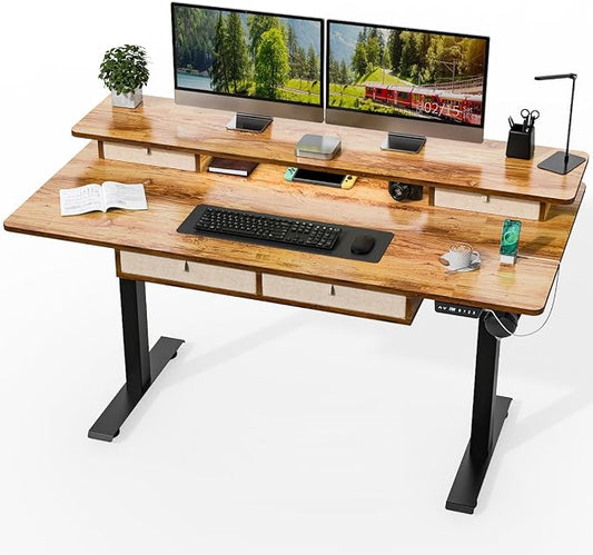 Kingant Electric Standing Desk with 4 Drawers,USB Charging Ports 63"x 30" | Ergonomic Height Adjustable Large Workstation, Heavy-Duty Sit Stand Up Desk For Home Office Daily Work,Light Rustic Brown