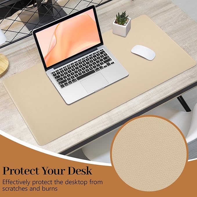 Leather Desk Pad, Desk Matt for Desktop, Large Non-Slip Keyboard and Mouse Pad, Waterproof Computer Desk Protector Mat, Beige Desk Accessories for Women,31.5" x 15.7"