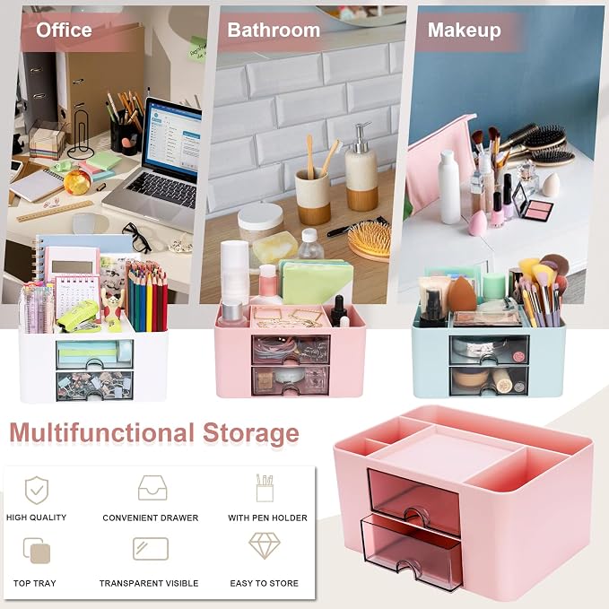 Meiikun Plastic Pen Organizer, Multifunctional Desk Organizer with 2 Drawers, 4 Compartments & a Top Tray, Pencil Holder Desktop Organizers and Accessories for Office, 7.7" x 5.5" x 3.9" (Pink)