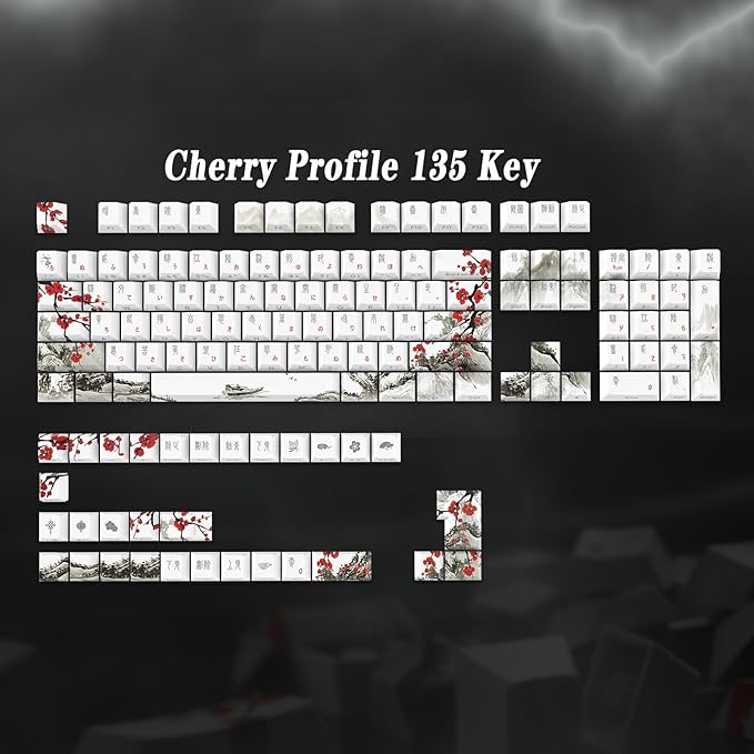 JSJT Japanese Keycaps Side-Printed Keycap Set PBT Doubleshot Shine Through Custom Keycap Cherry Profile Plum Blossom Key Caps 135 Keys for Cherry MX Switch Mechanical Keycboard