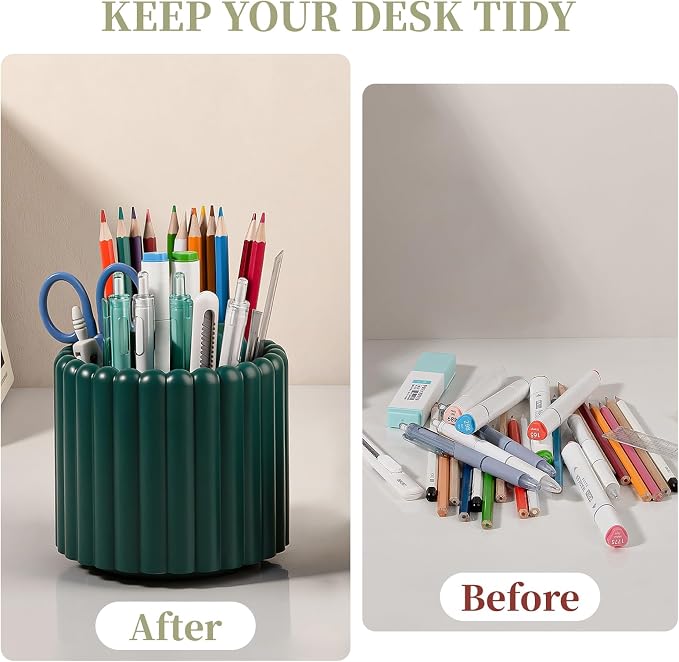 360° Rotating Pen Holder for Desk Removable Pencil Organizer, Teal Green | 7 Slots Pen Cup Cute Office Supplies and Accessories Plastic Desktop Storage Box Art Caddy for School, Work, Home